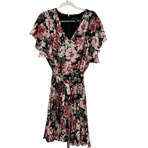 White House Black Market Black Floral Midi Dress with Pink Blooms